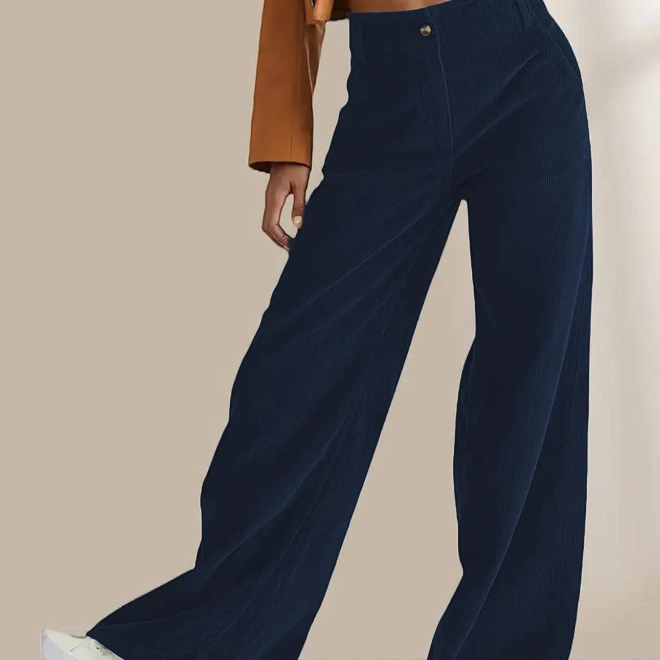 Womens Straight-Leg Pants Corduroy High Waist Casual Fit Full Length