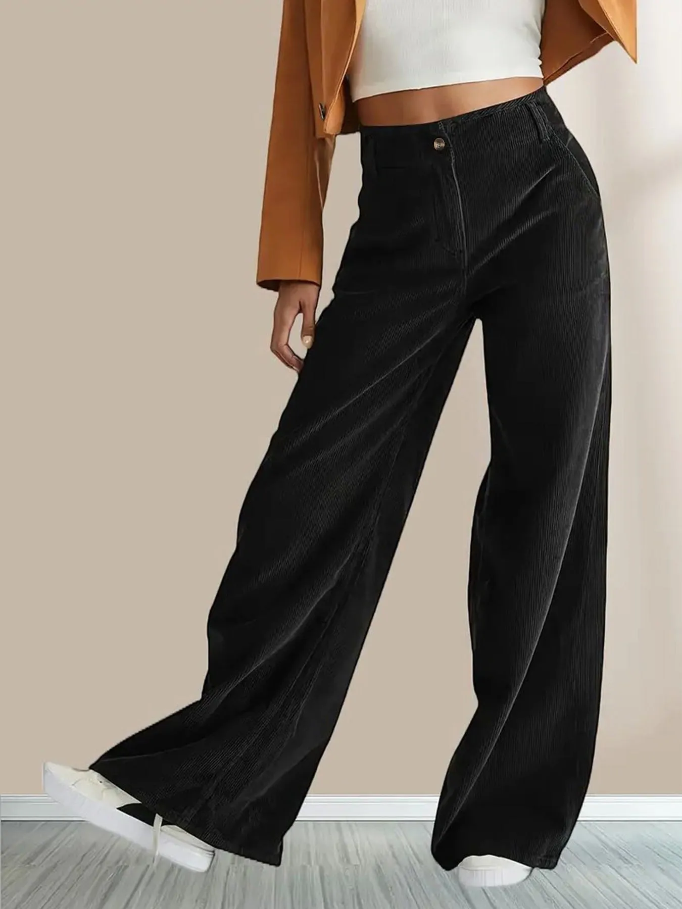Womens Straight-Leg Pants Corduroy High Waist Casual Fit Full Length