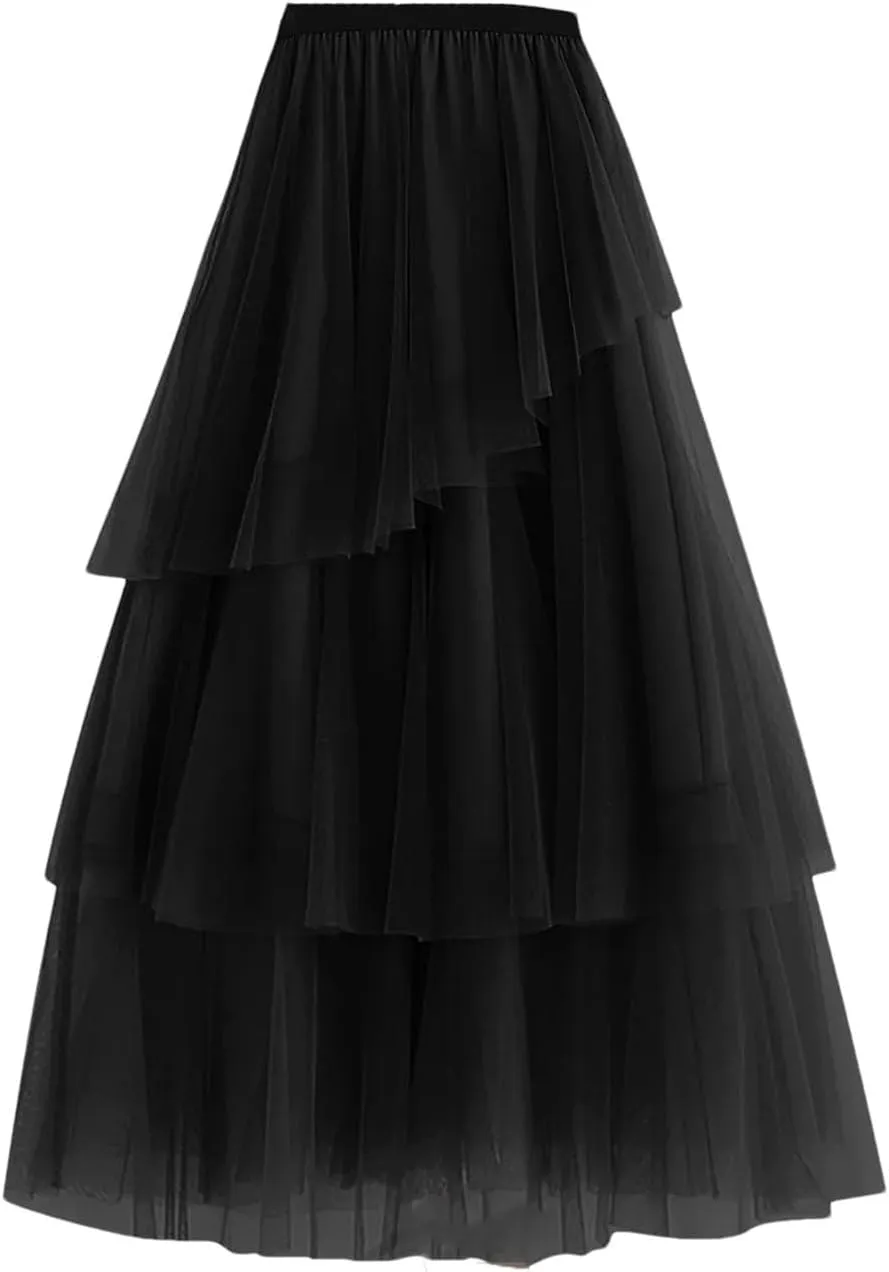 Women's Summer Tulle Skirt Multi Layered Tulle Elastic Waist A Line Swing Pleated Skirt