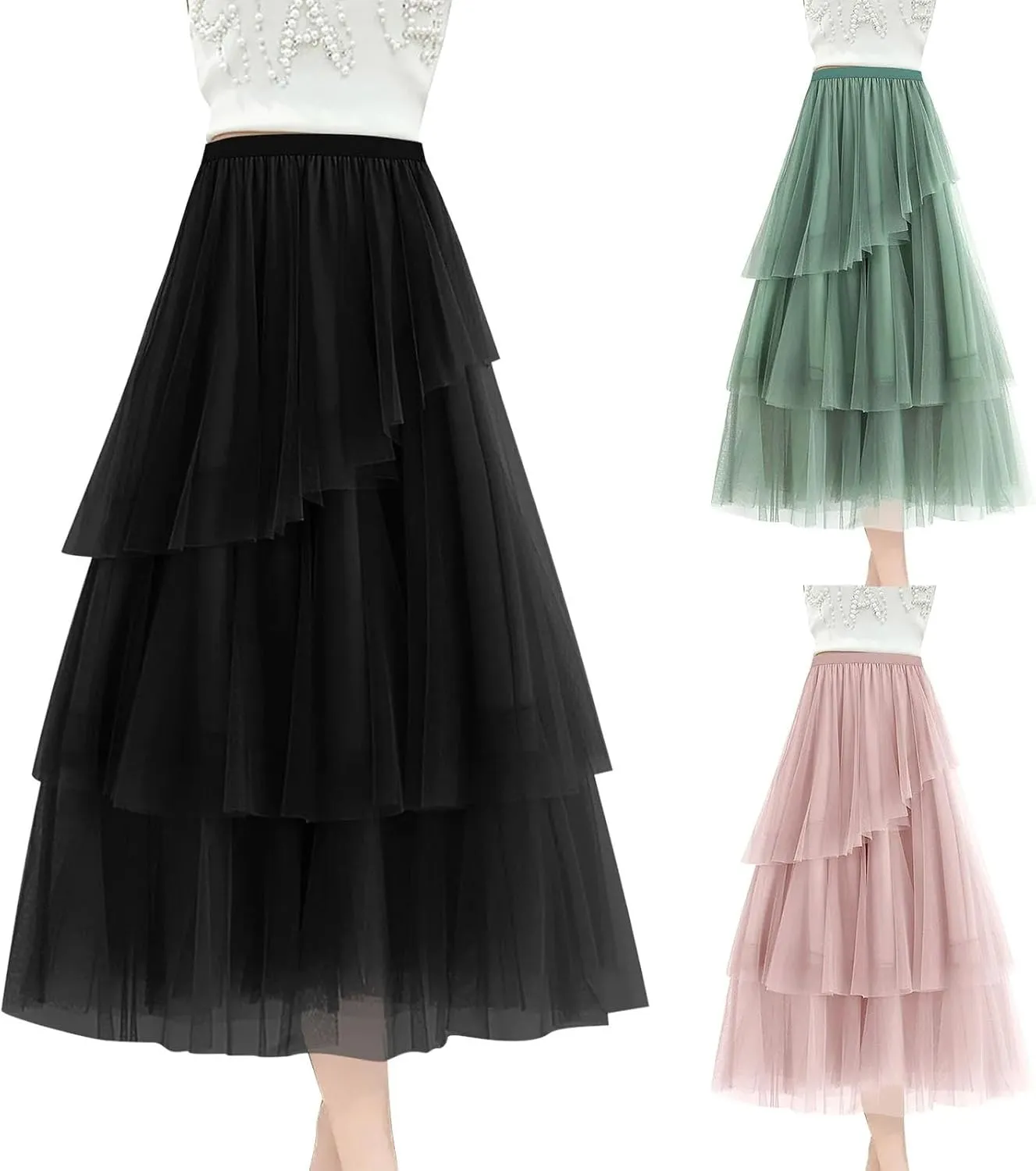 Women's Summer Tulle Skirt Multi Layered Tulle Elastic Waist A Line Swing Pleated Skirt