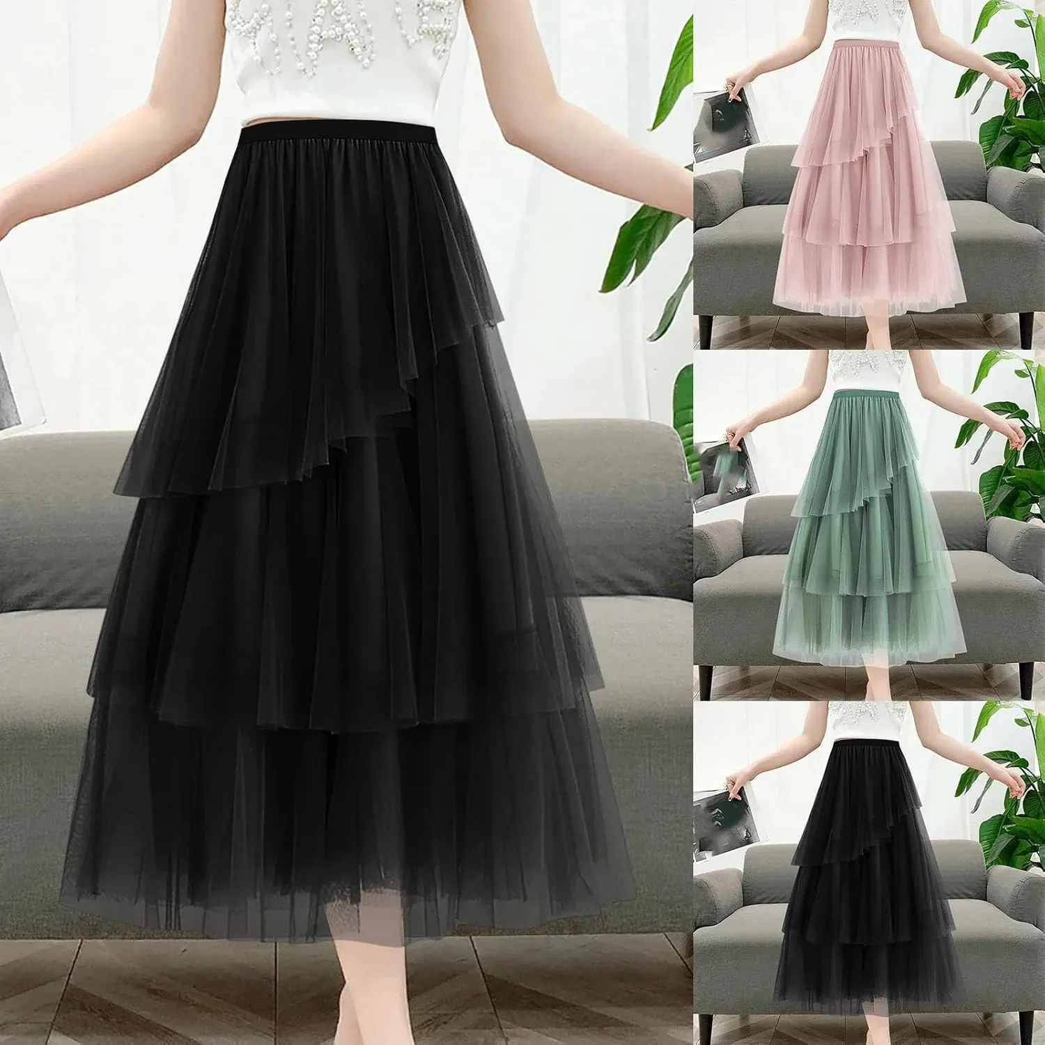 Women's Summer Tulle Skirt Multi Layered Tulle Elastic Waist A Line Swing Pleated Skirt