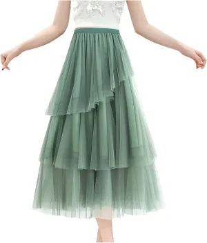 Women's Summer Tulle Skirt Multi Layered Tulle Elastic Waist A Line Swing Pleated Skirt