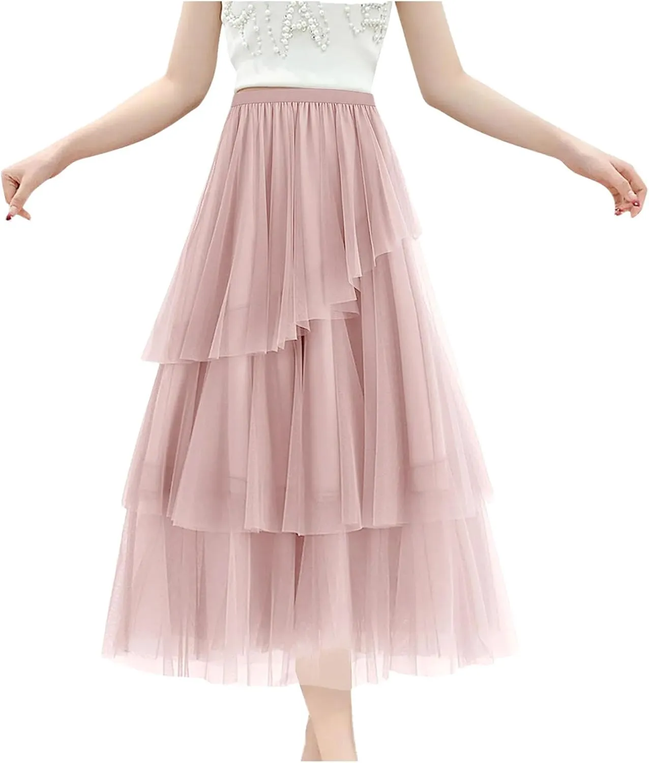 Women's Summer Tulle Skirt Multi Layered Tulle Elastic Waist A Line Swing Pleated Skirt