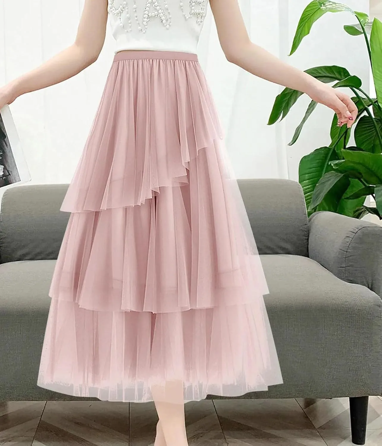 Women's Summer Tulle Skirt Multi Layered Tulle Elastic Waist A Line Swing Pleated Skirt