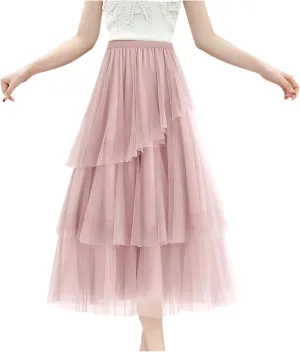 Women's Summer Tulle Skirt Multi Layered Tulle Elastic Waist A Line Swing Pleated Skirt