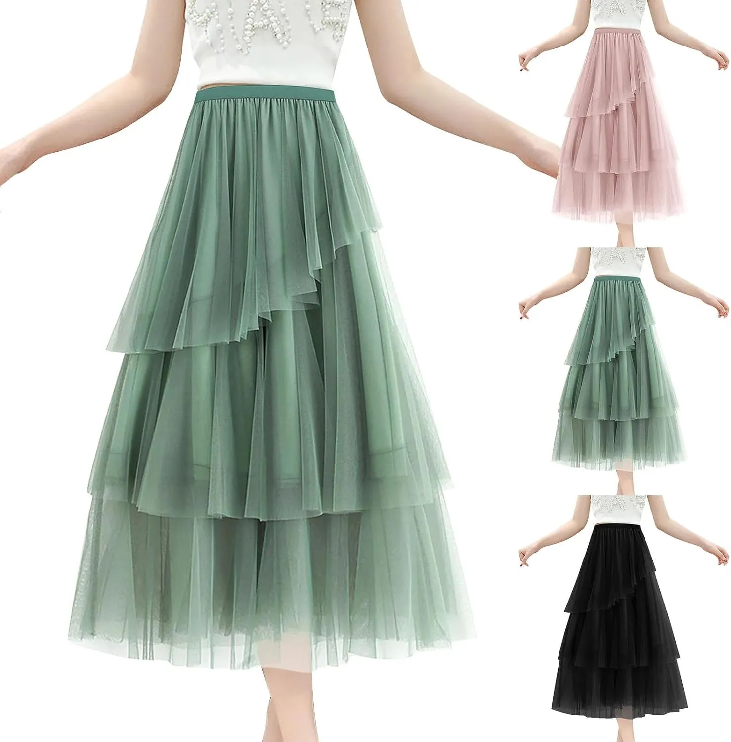 Women's Summer Tulle Skirt Multi Layered Tulle Elastic Waist A Line Swing Pleated Skirt