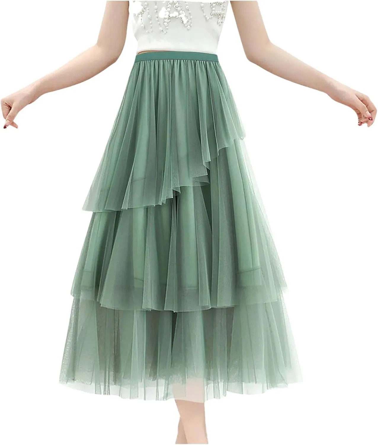 Women's Summer Tulle Skirt Multi Layered Tulle Elastic Waist A Line Swing Pleated Skirt